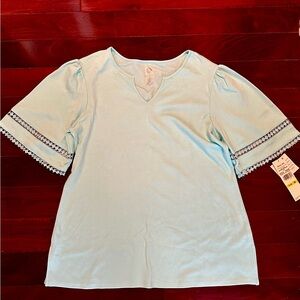 Ruby Rd. Women's Cotton Aqua Short Sleeve Top with Lace Detail Size M NWT